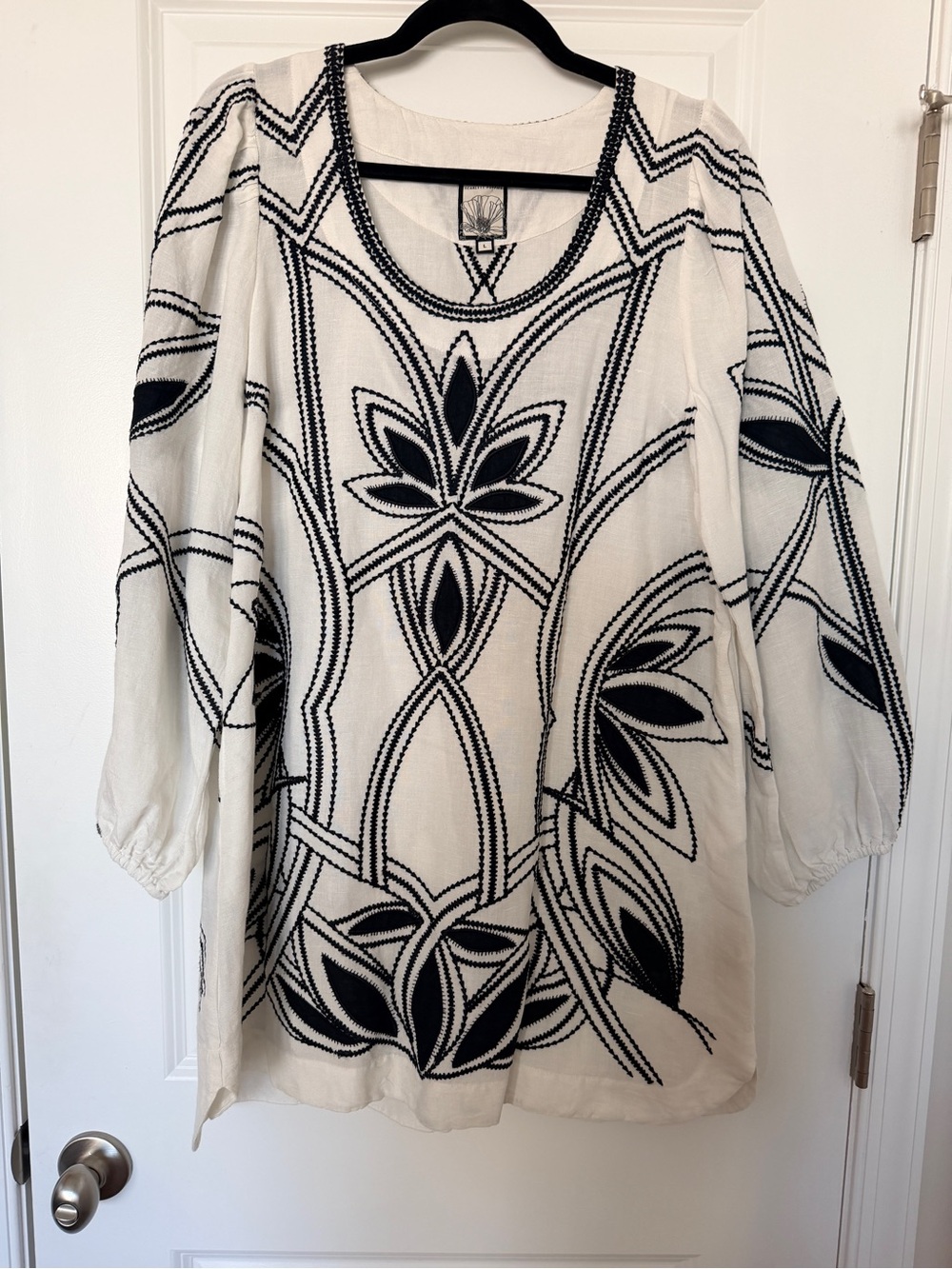 Scarlett Poppies Embroidered Ivory Tunic Dress with Black Floral Motif - Picture 8 of 12